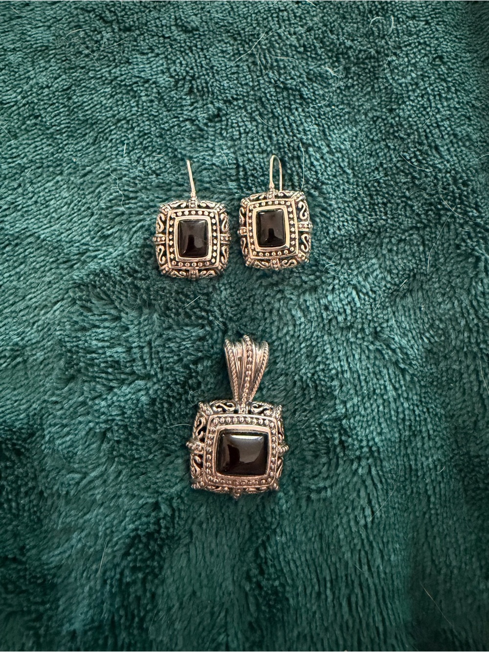 Sterling Silver Black Onyx Square Pendant and Earrings Set